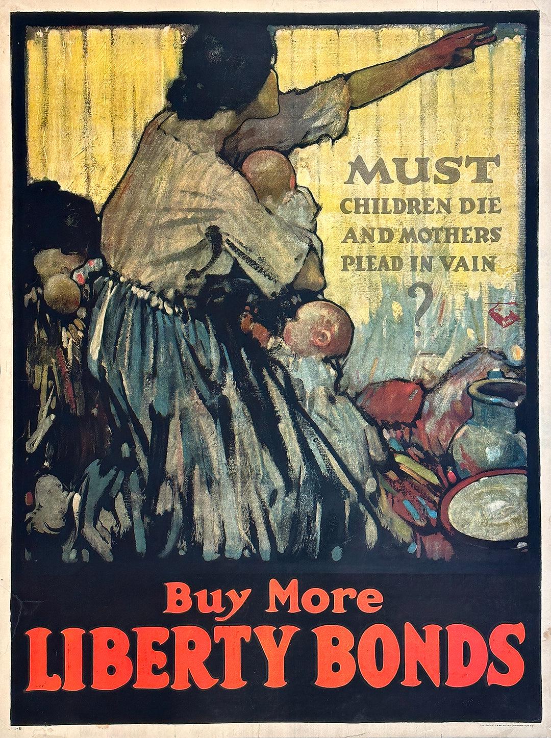 Original Vintage WWI Poser Must Children Die..Buy Liberty Bonds by Raleigh 1918