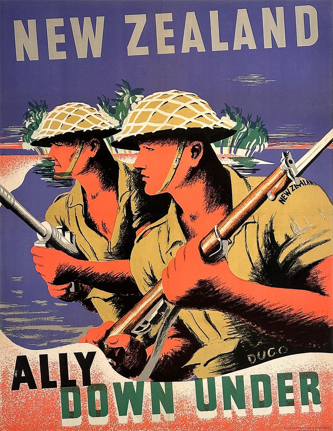 Original Vintage WWII New Zealand Ally Down Under Poster by Duco 1943