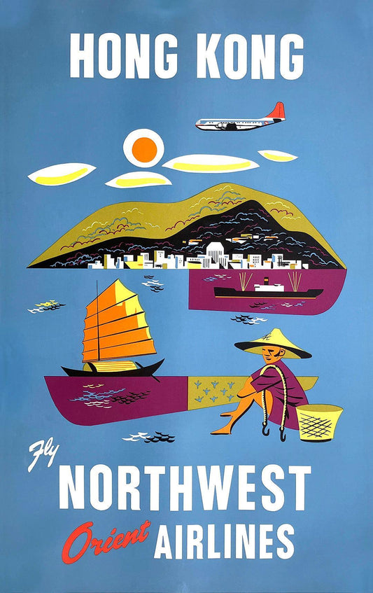 Original Vintage Travel Poster - Fly Northwest Airlines Hong Kong C1952