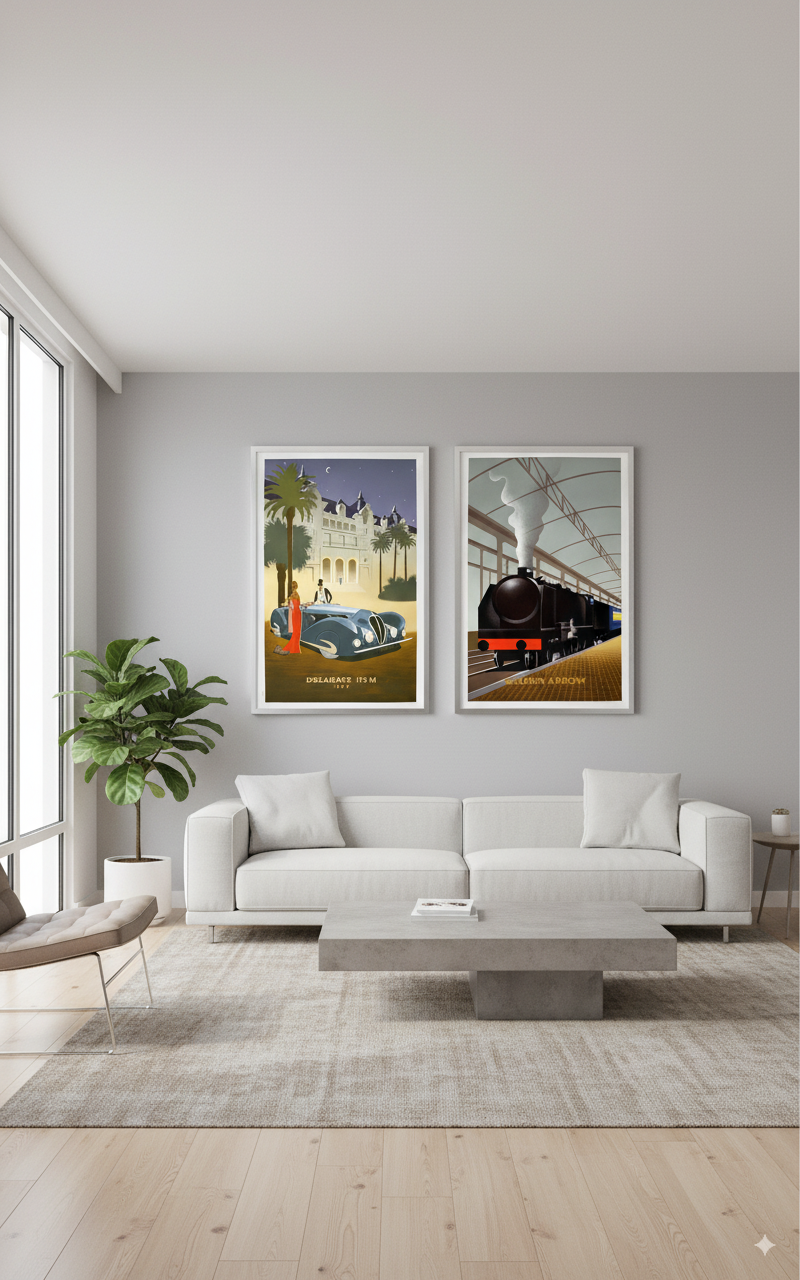 Living room with two original vintage poster Delahaye and Golden Arrow, framed on the wall, a couch, and a coffee table.