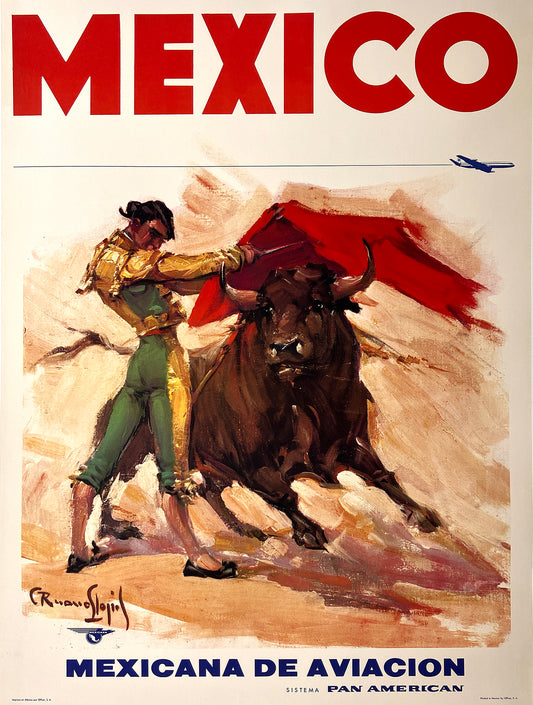 Original Pan Am Mexico Matador and Bull Poster C1958 by C. Ruano Llopis