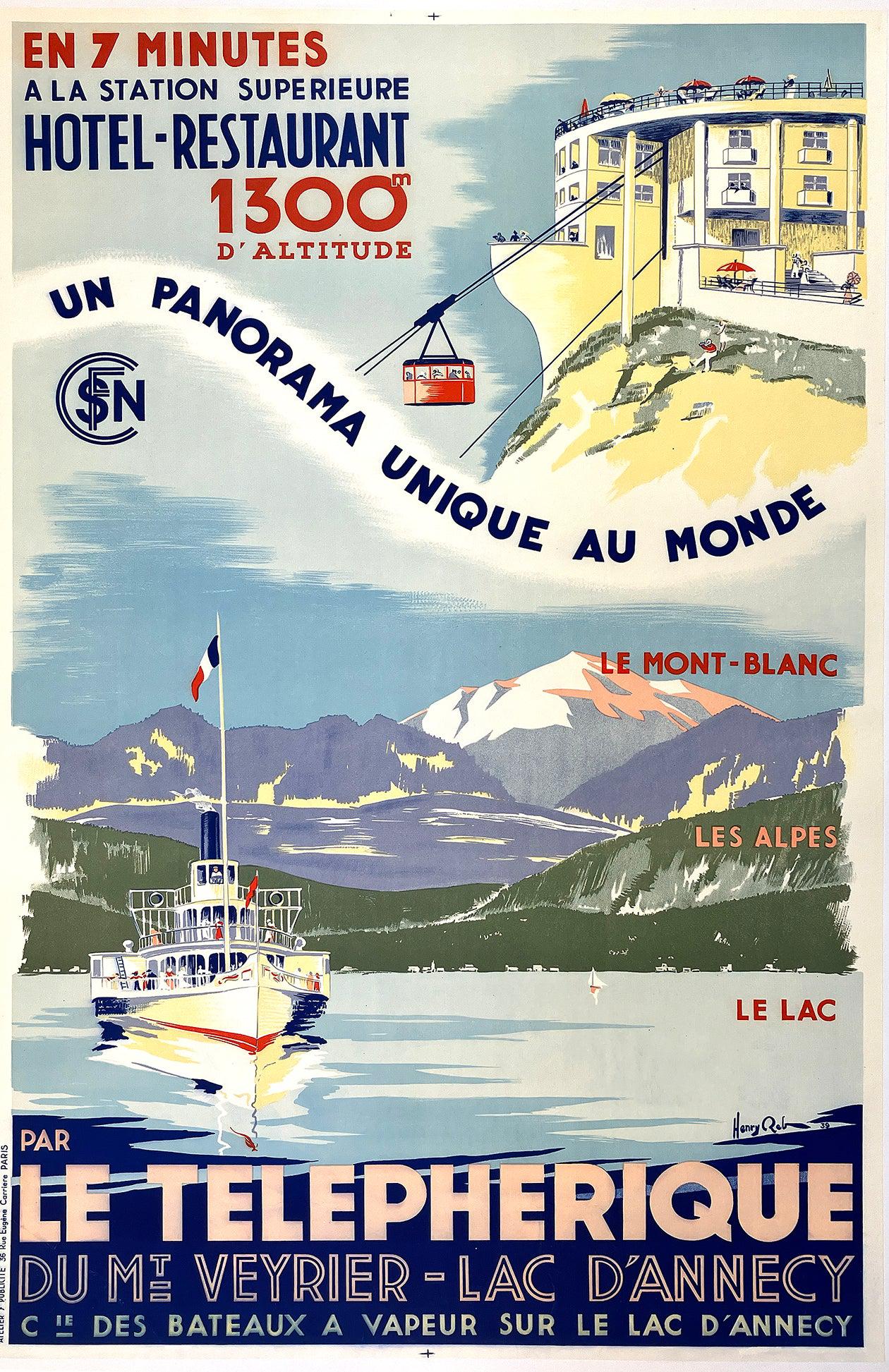 Original Vintage Le Terepherique Funicular Lac d'Annecy French Alps Poster by Reb 1939