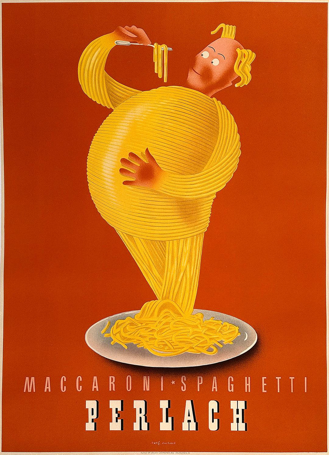 Original Vintage Perlach Maccaroni Spaghetti Poster by Roth c1948 Pasta Man