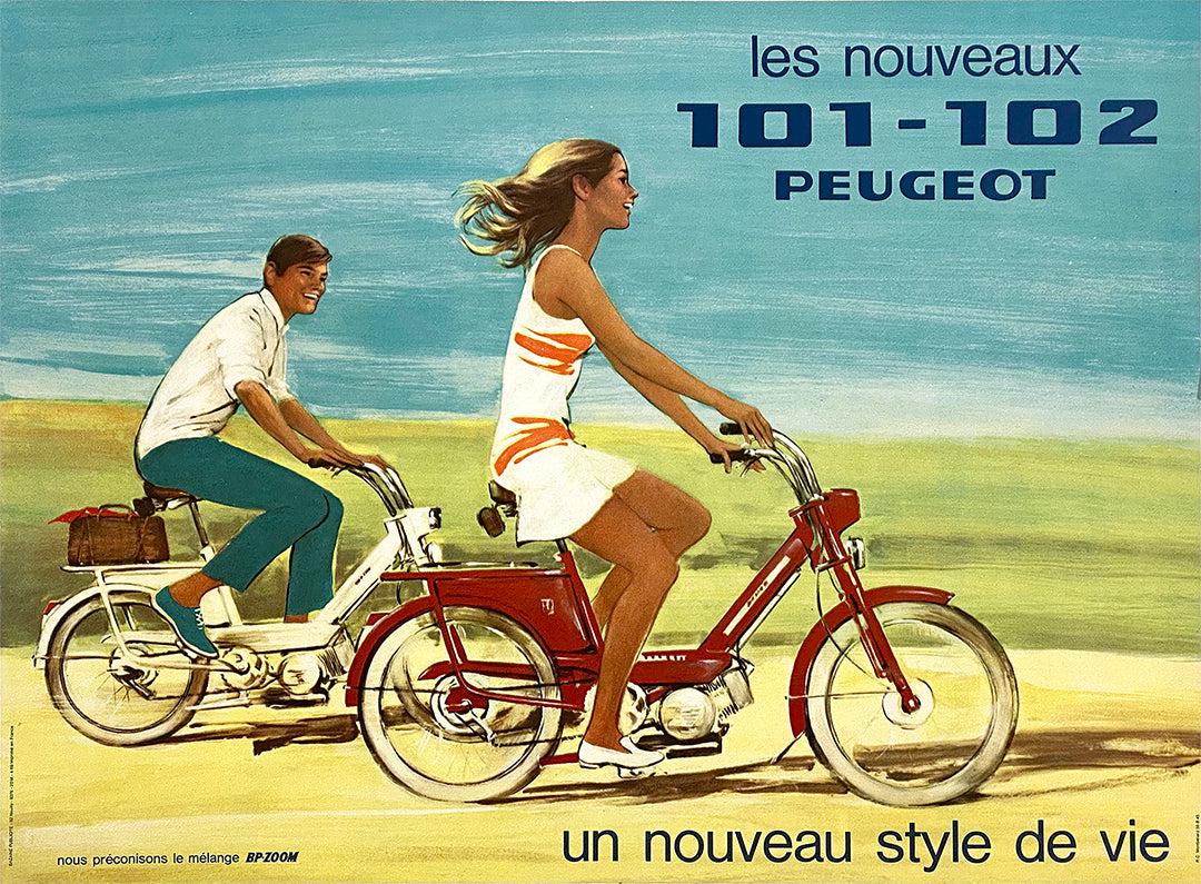 Original Vintage Peugeot 100-102 Motorcycle Couple Poster c1960