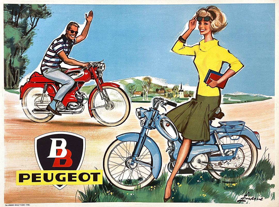 Original Vintage Peugeot Motorcycle Poster by Couronne Man and Woman Medium c1960