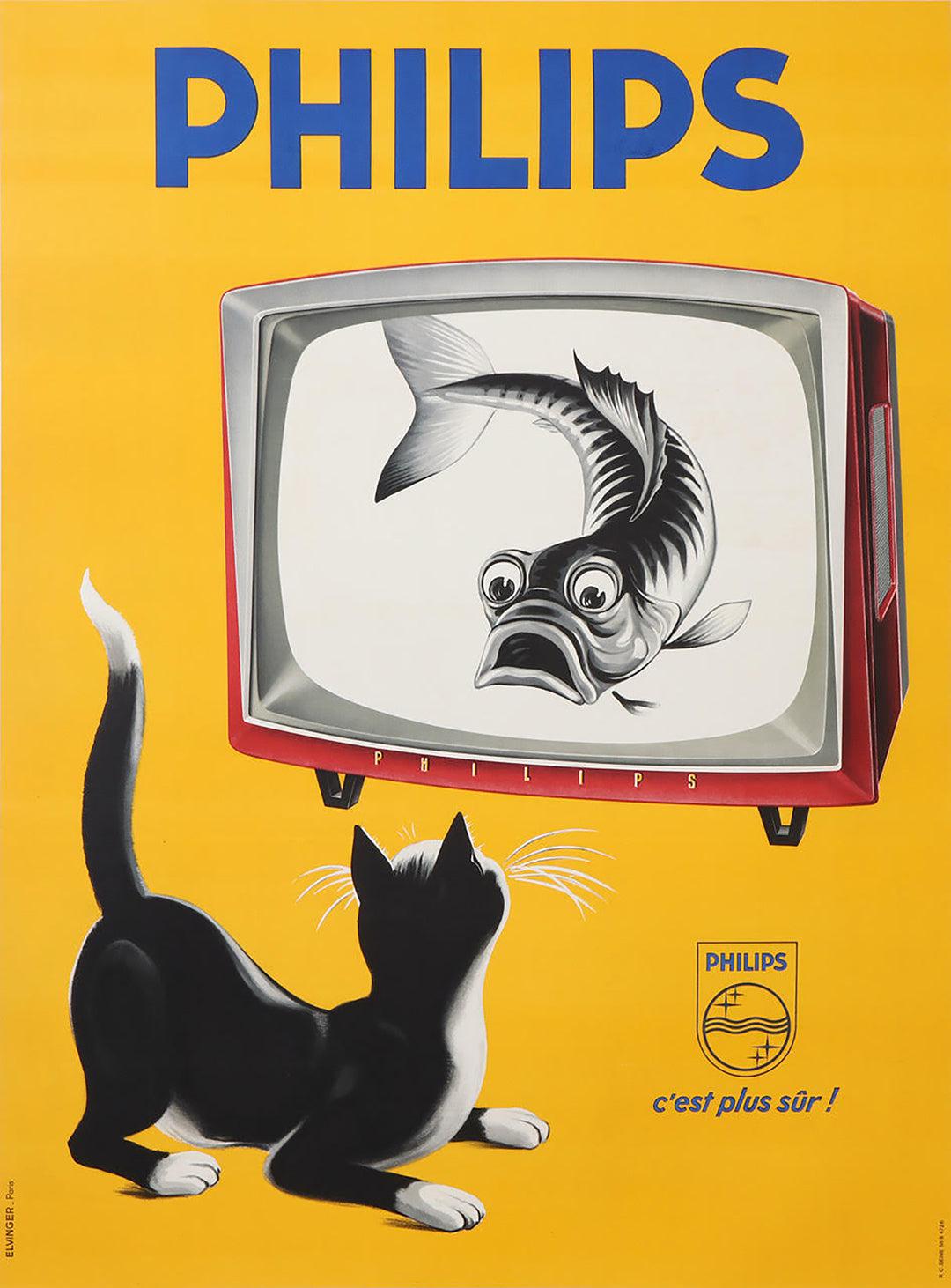 Original Vintage Philips Television Poster Cat and Fish c1960