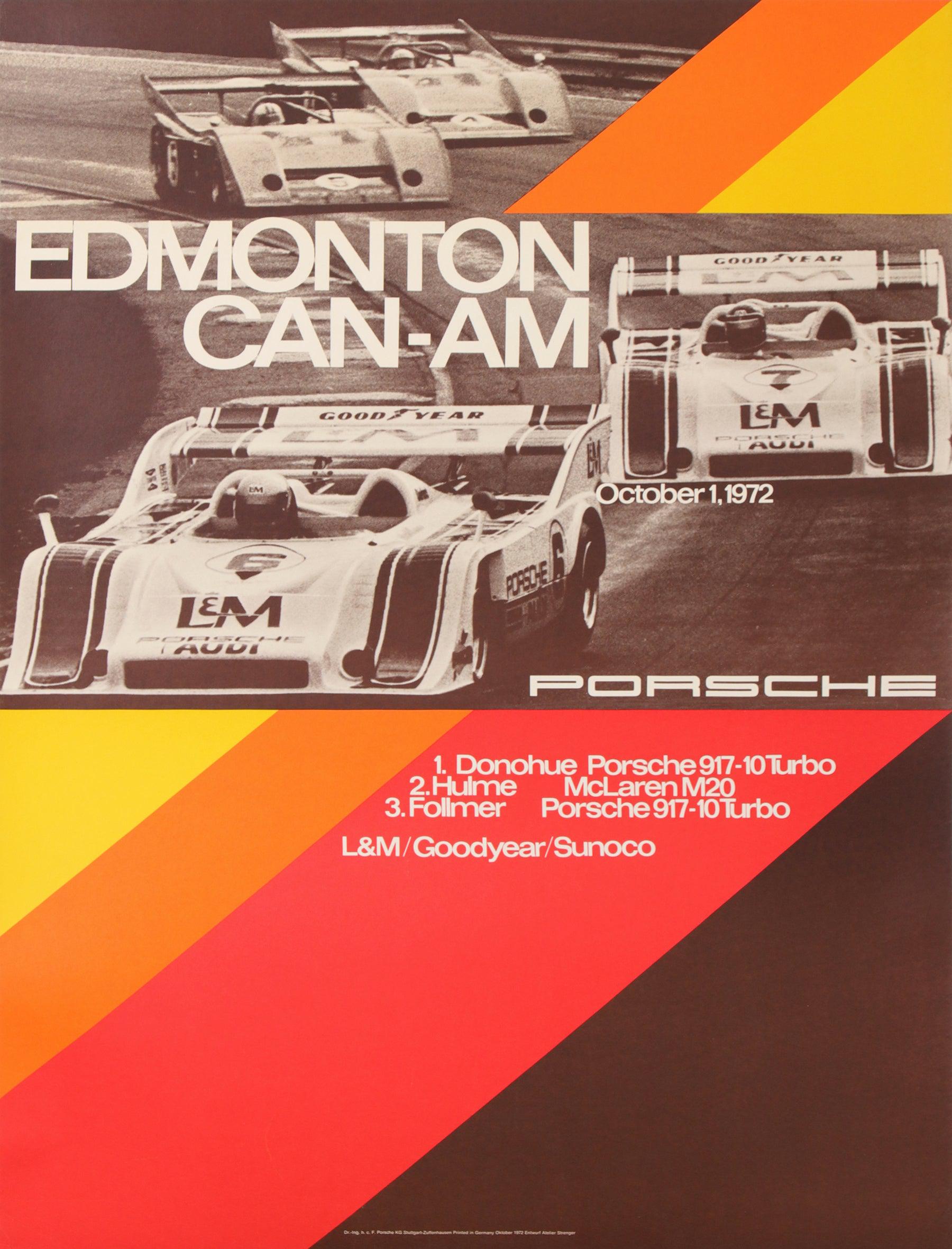 Original Vintage Porsche Car Race Poster 1972 Edmonton Can-Am Mark Donohue NASCAR