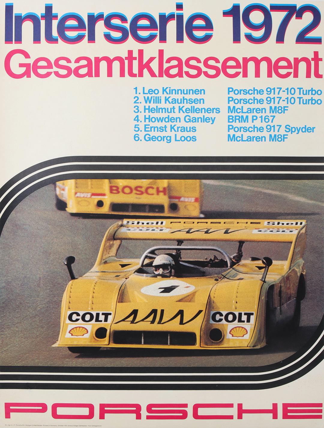 Original Vintage Porsche Car Race Poster 1972 Interserie Gesamtklassement Leksa Kinnunen