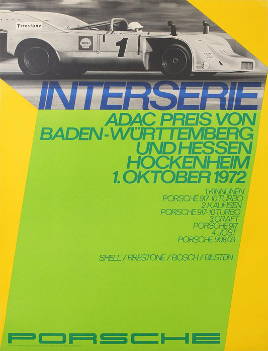 Original Vintage Porsche Car Race Poster Interserie Baden Hockenheim German Grand Prix 1972 Leksa Kinnunen Formula One