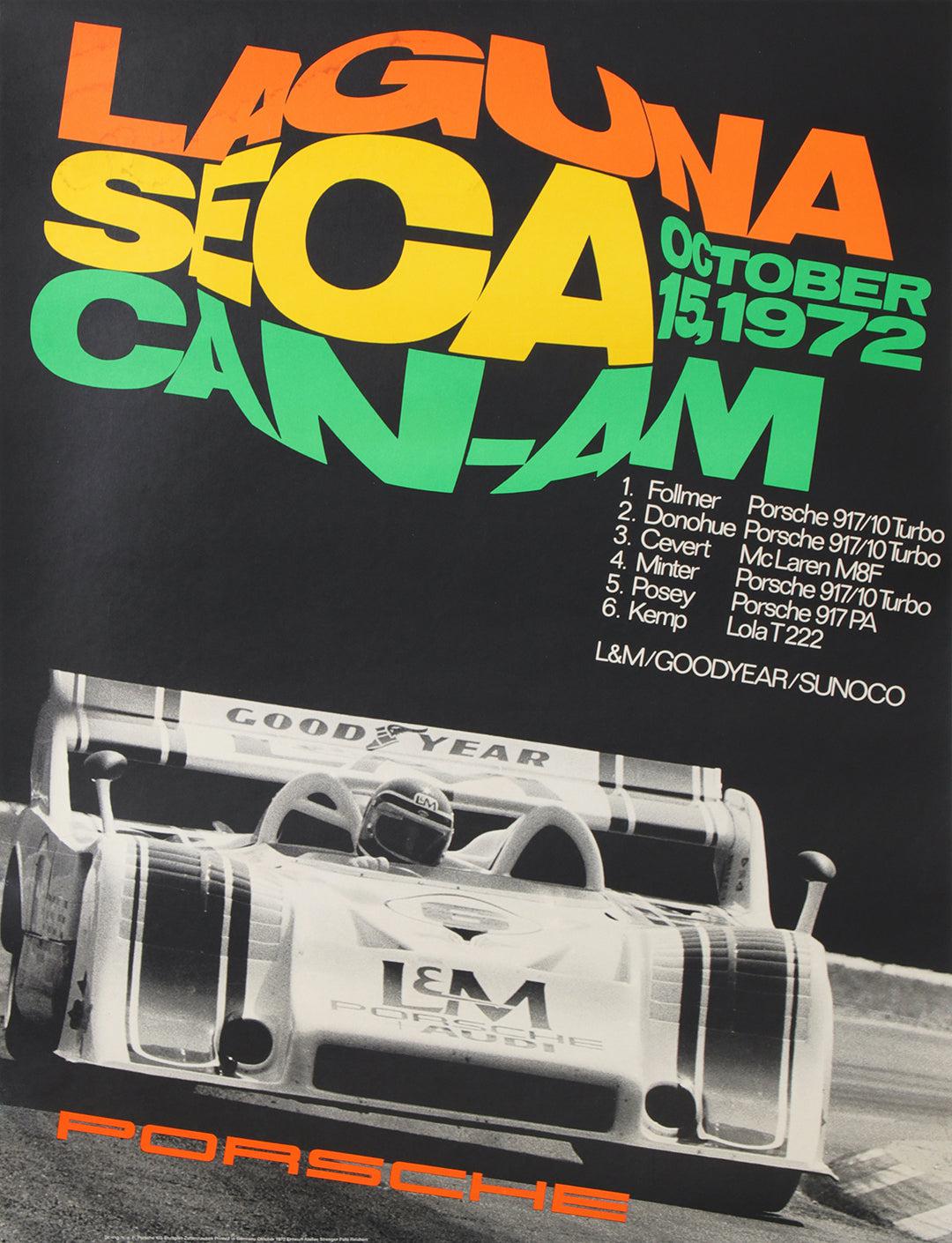 Original Vintage Porsche Car Race Poster 1972 Laguna Seca Can-Am George Follmer Formula One