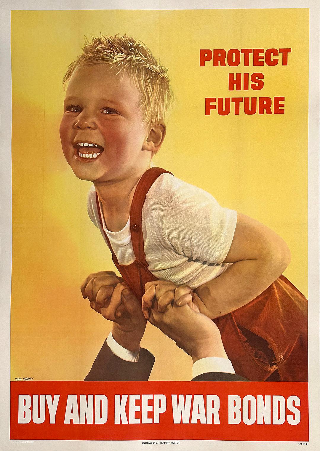 Original Vintage WWII Protect His Future War Bonds Poster Large 1944