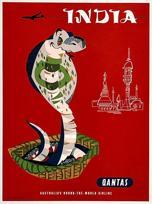 Original Vintage Qantas India Snake Poster by Harry Rogers c1960