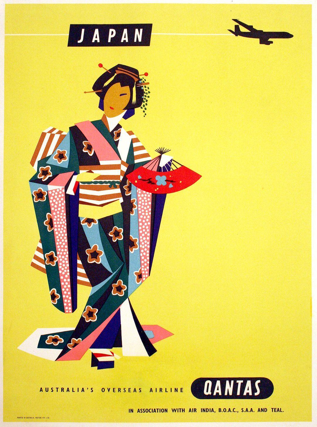 Original Vintage Qantas Poster by Harry Rogers c1960 - Japan Woman in Kimono with Jet - Small