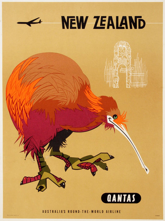 Original Qantas - New Zealand Kiwi Poster c1960 by Harry Rogers