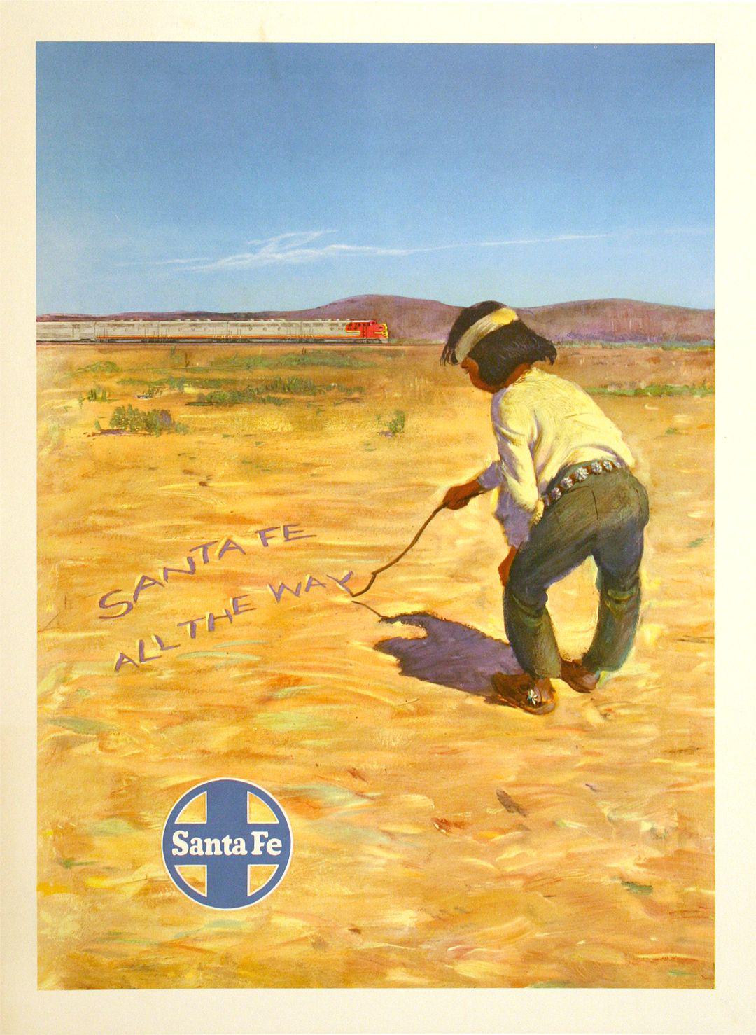 Original Santa Fe Rail Poster c1950 All The Way Indian Boy