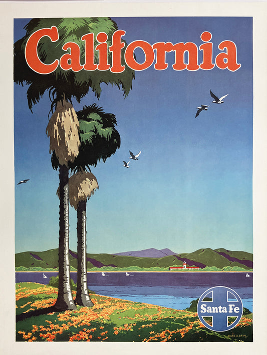 Original Vintage Santa Fe Railway Poster for California by Oscar Bryn c1946