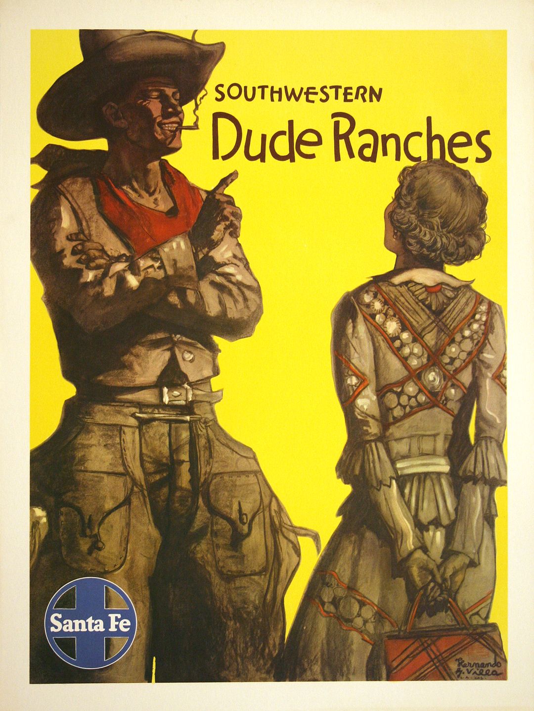 Original Vintage Santa Fe Railway Poster - Dude Ranches by Hernando Villa 1949