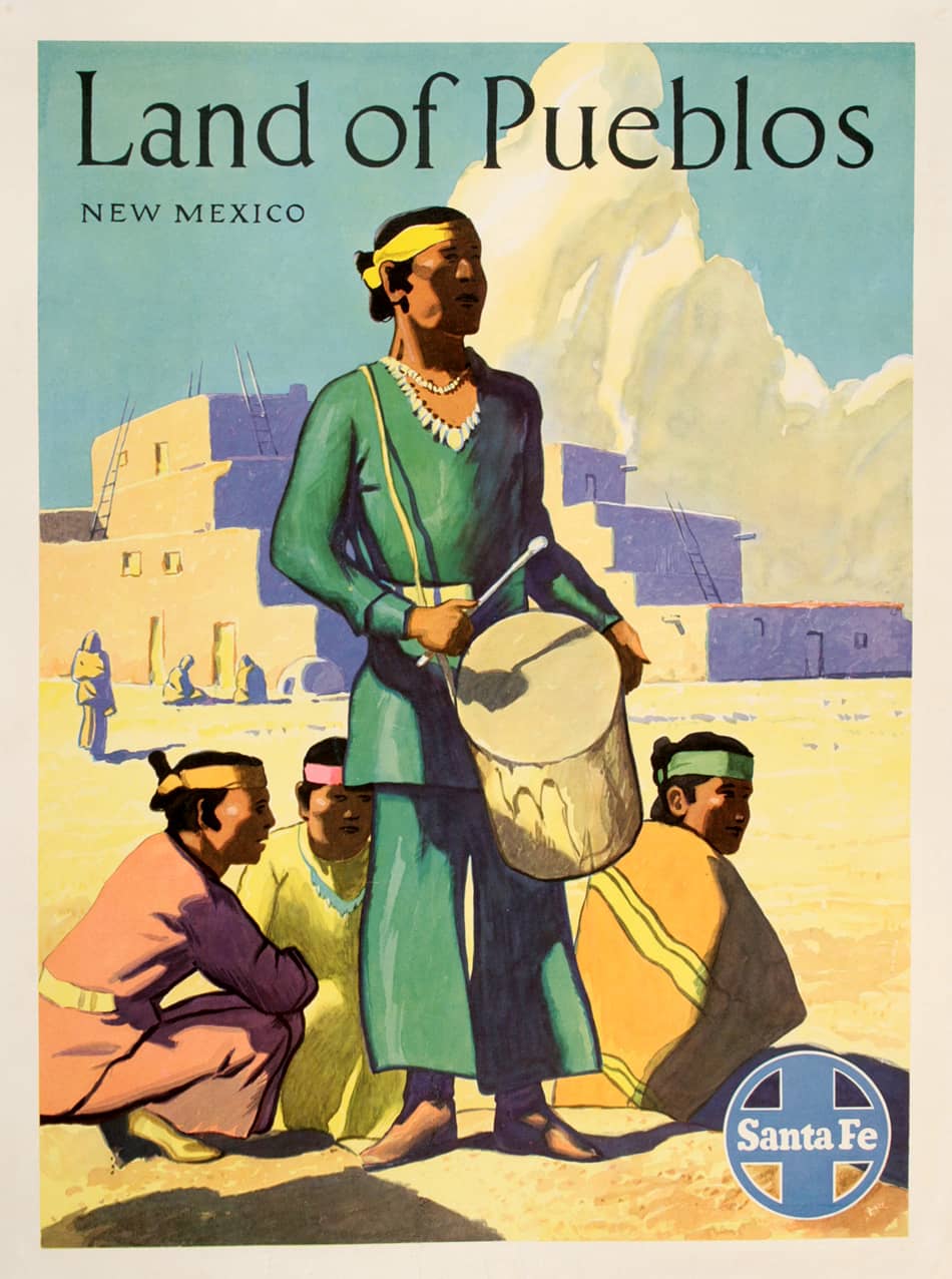 Original Santa Fe Railroad 1950's Poster for Land of Pueblos New Mexico
