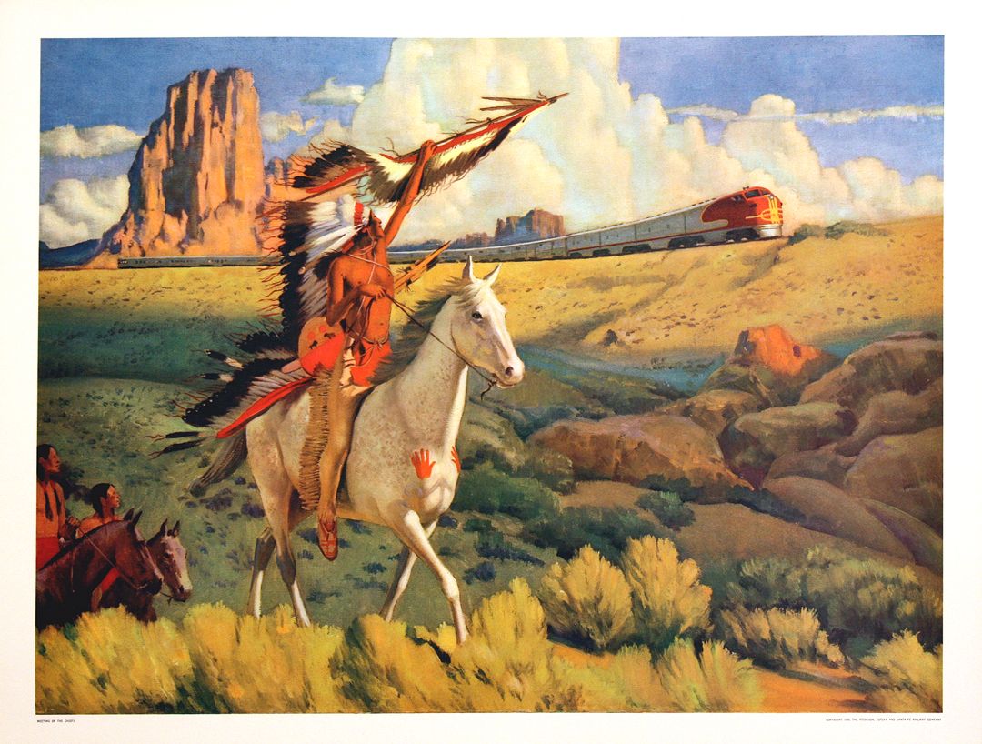 Original Santa Fe Railroad Poster 1949 - Meeting of the Chiefs by Hernando Villa