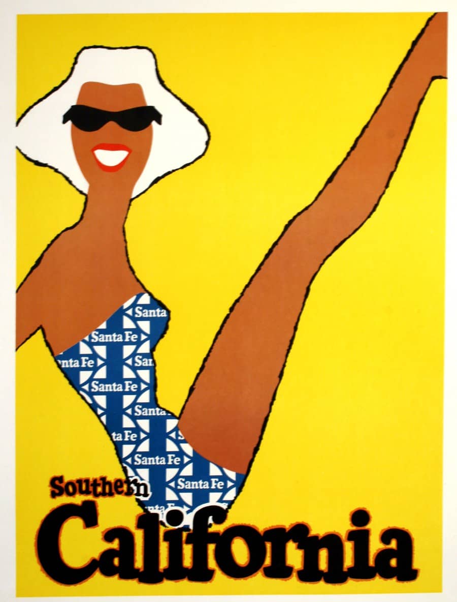Original Vintage Santa Fe Railroad Poster c1950 - Southern California Bathing Suit