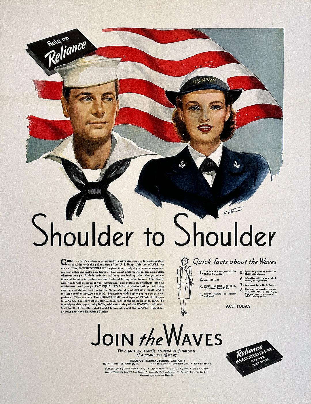 Original Vintage WWII Poster Shoulder to Shoulder Join the WAVES by Altise c1944