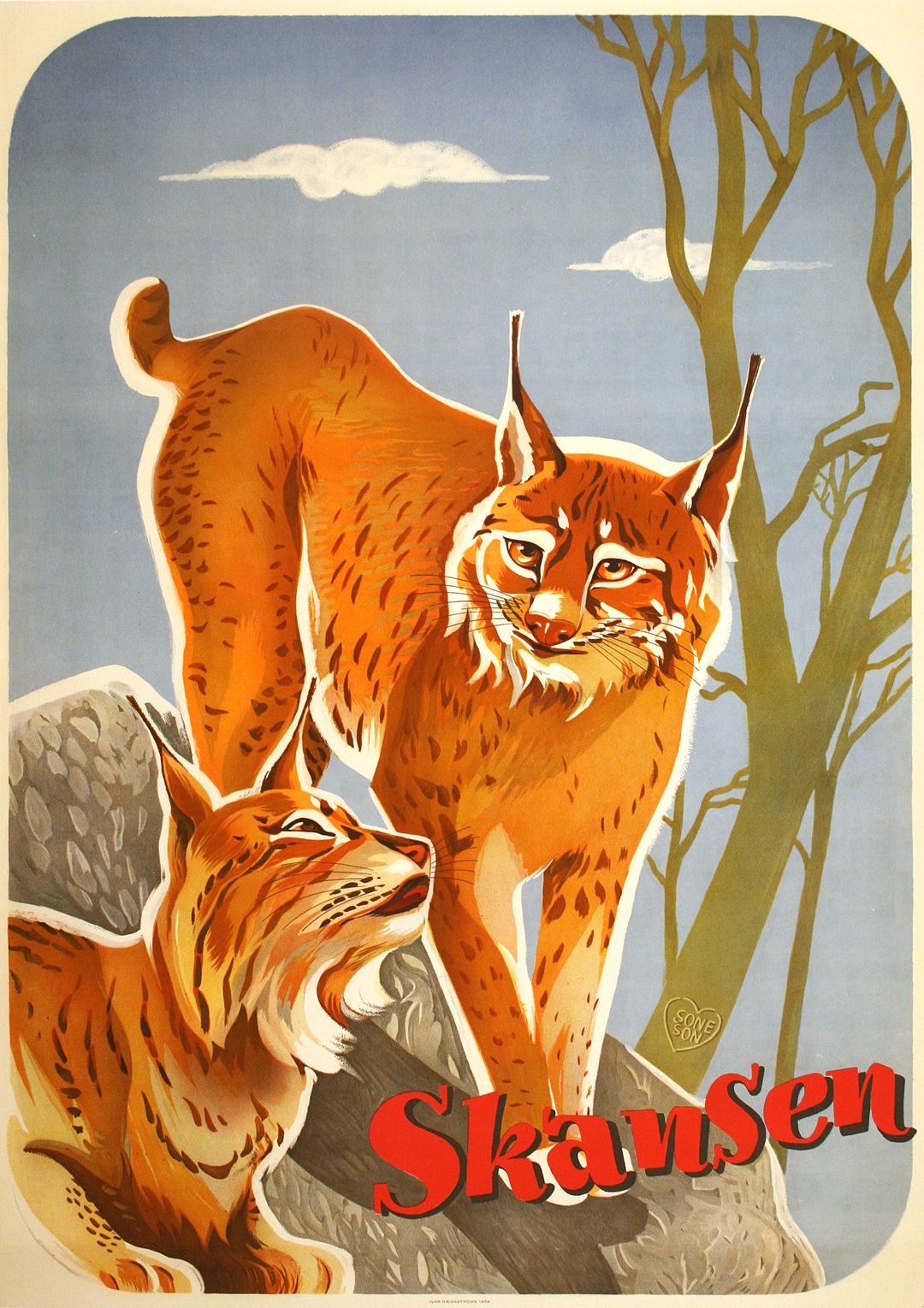 Swedish Skansen Lynx Couple Poster 1954 by Ivar Haeggstroms