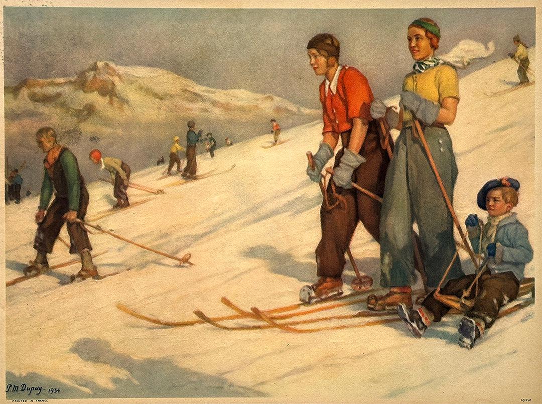 Original Vintage Poster Ski Family Panel by Dupuy 1934