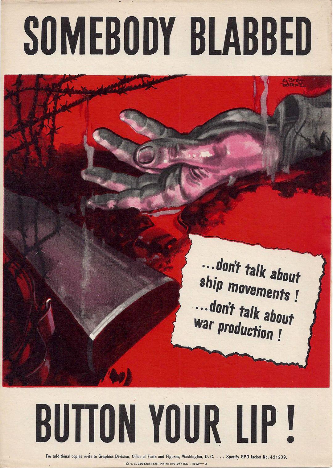 Original WWII Poster - Somebody Blabbed Button Your Lips Red by Albert Dorne 1942