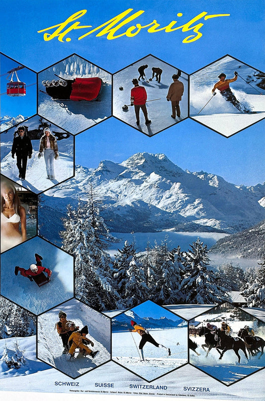 Original Vintage St. Moritz Swiss Ski and Travel Poster c1980