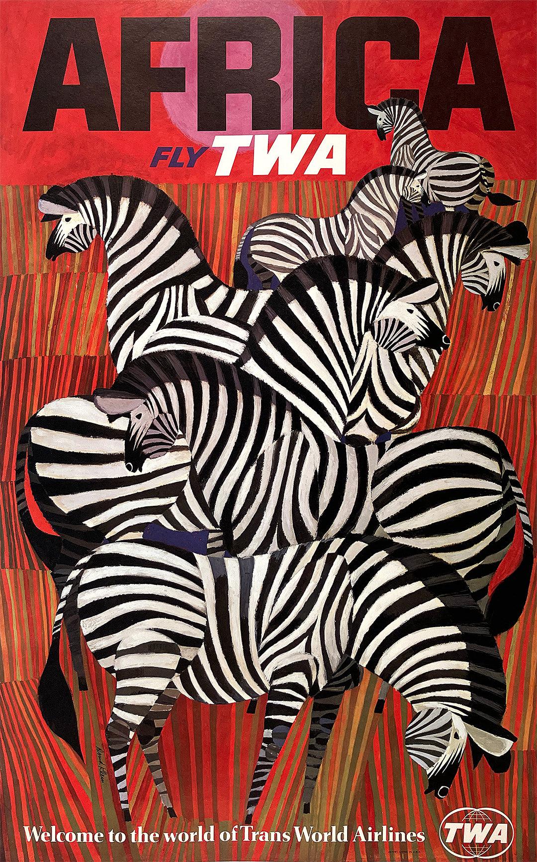 Origiinal David Klein Fly TWA Africa Zebras Poster - Welcome c1960