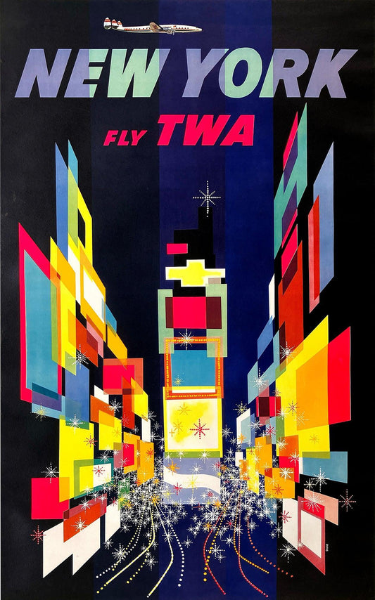 Original vintage TWA Times Square New York Poster by David Klein with Lockheed Constellation