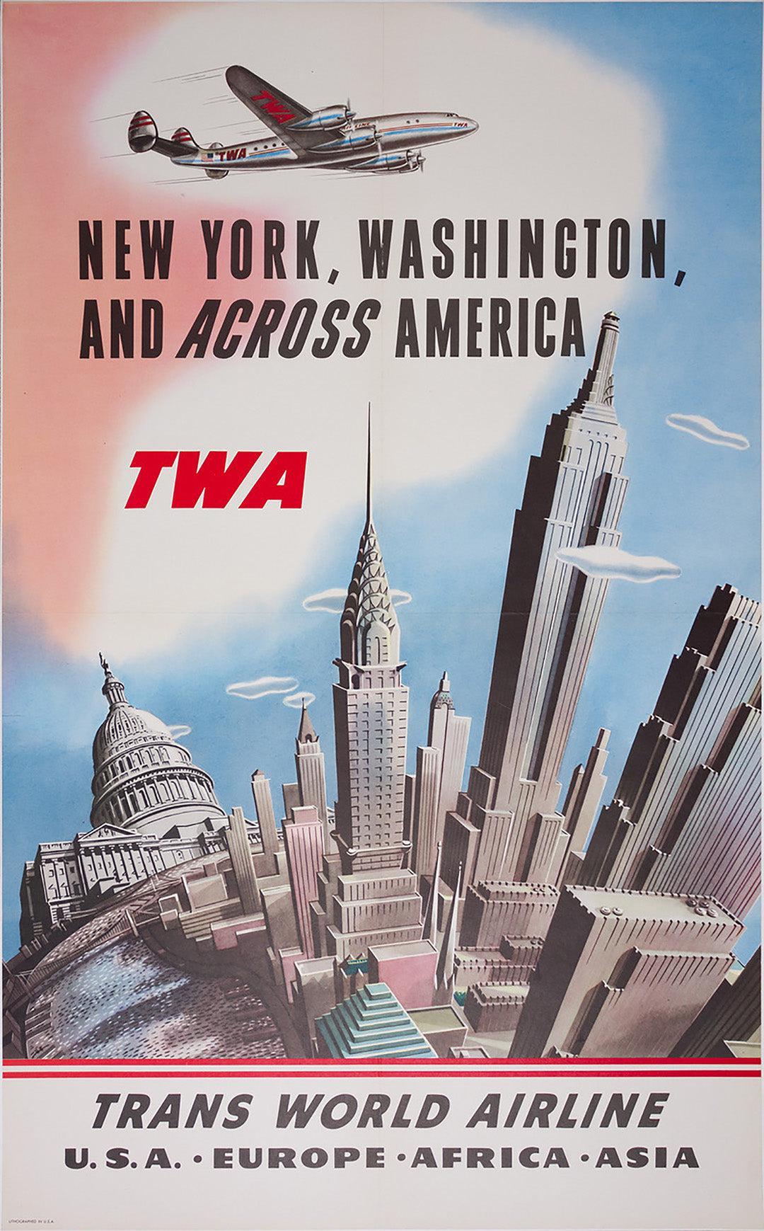 Original Vintage TWA Poster New York Washington Across America c1950 Constellation Plane