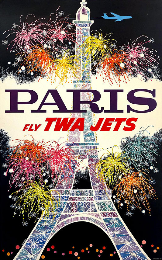 Original David Klein Poster for TWA Paris Eiffel Tower c1960