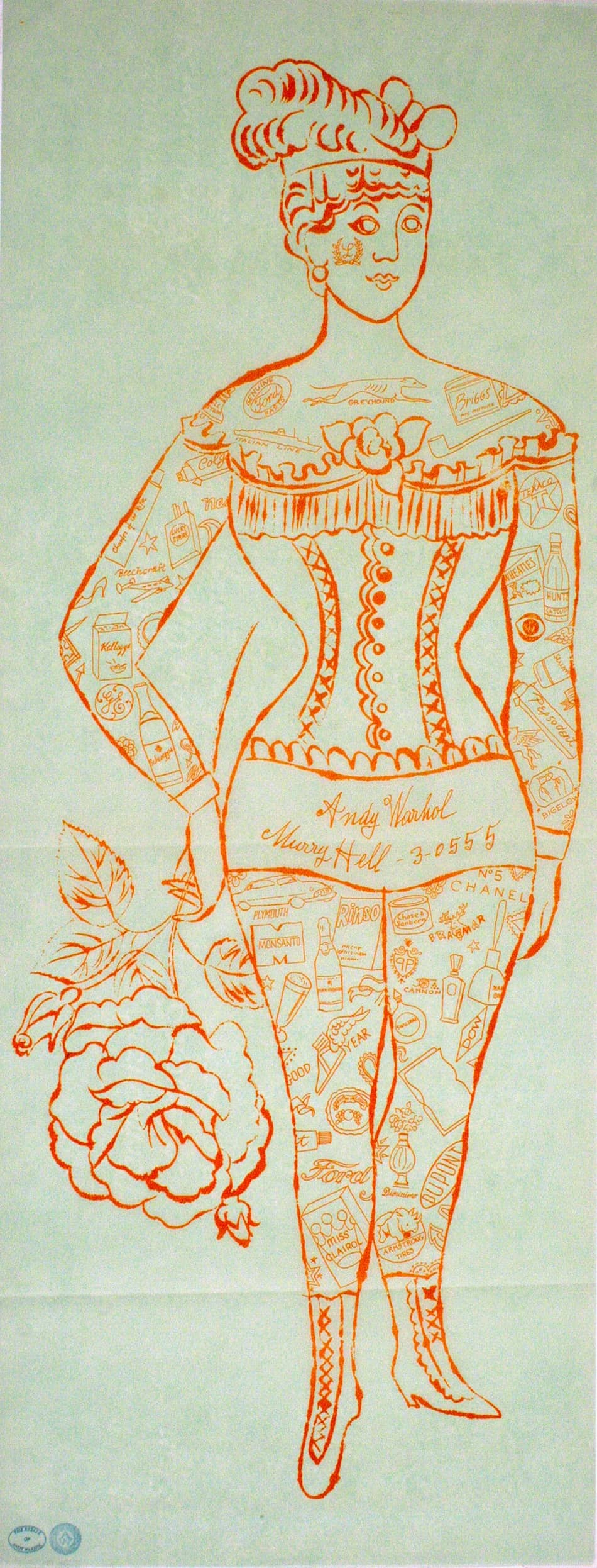 Original Andy Warhol Print - Tattooed Woman Holding Rose 1955