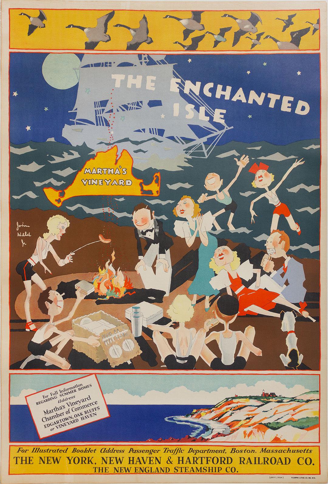 Original Vintage Martha's Vineyard Travel Poster by John Held Jr. 1934 Railroad