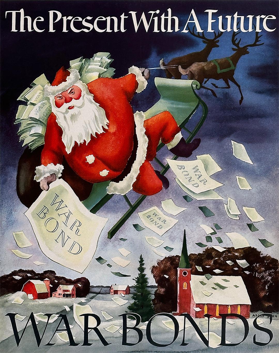 Original Vintage WWII War Bonds Poster The Present with a Future Santa Claus 1942