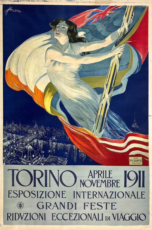 Original Vintage Torino Esposizione Internazionale 1911 Poster by Aldo Mazza Rare