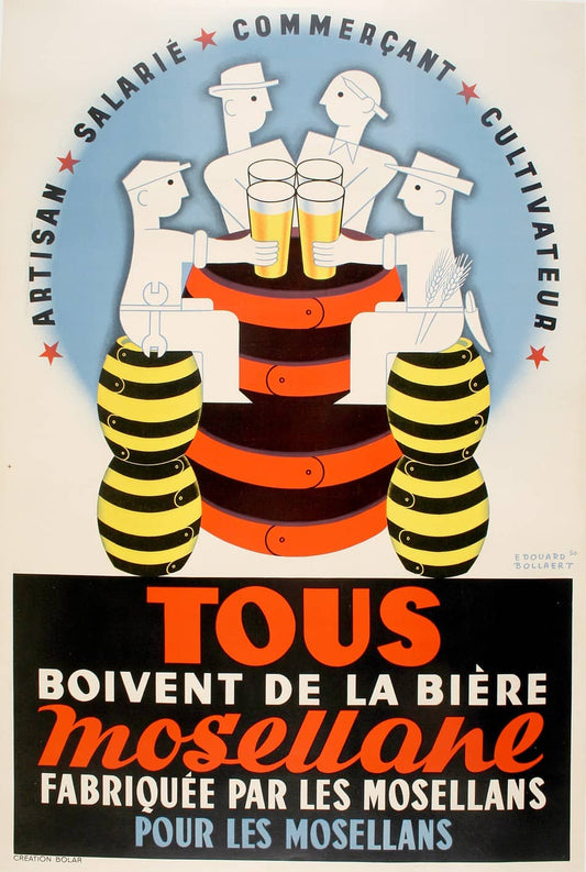 Original Vintage Tous Boivent de la Biere Mosellane - White Poster by Edouard Dolleret C1950 