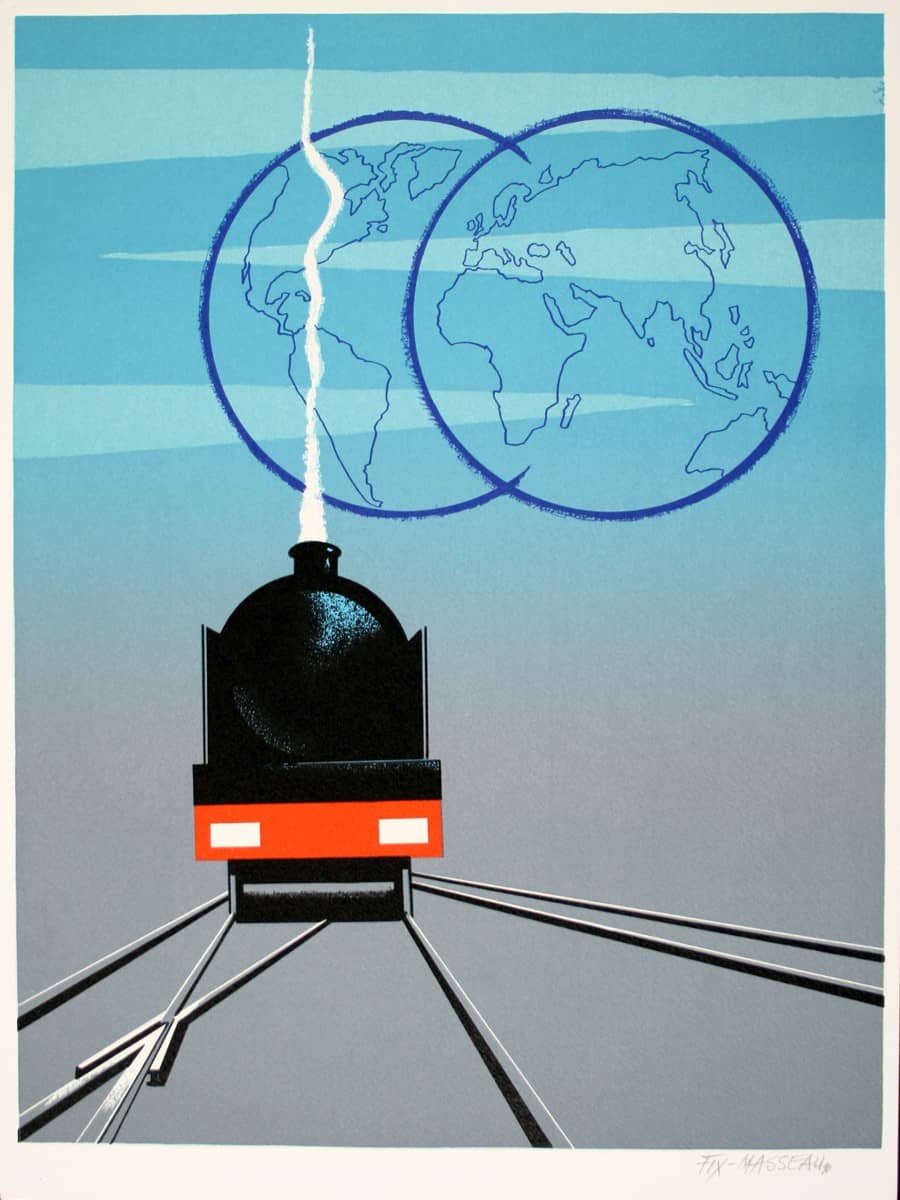 Original Vintage Trains and Globes Poster 1990 Hand Signed by Pierre Fix-Masseau