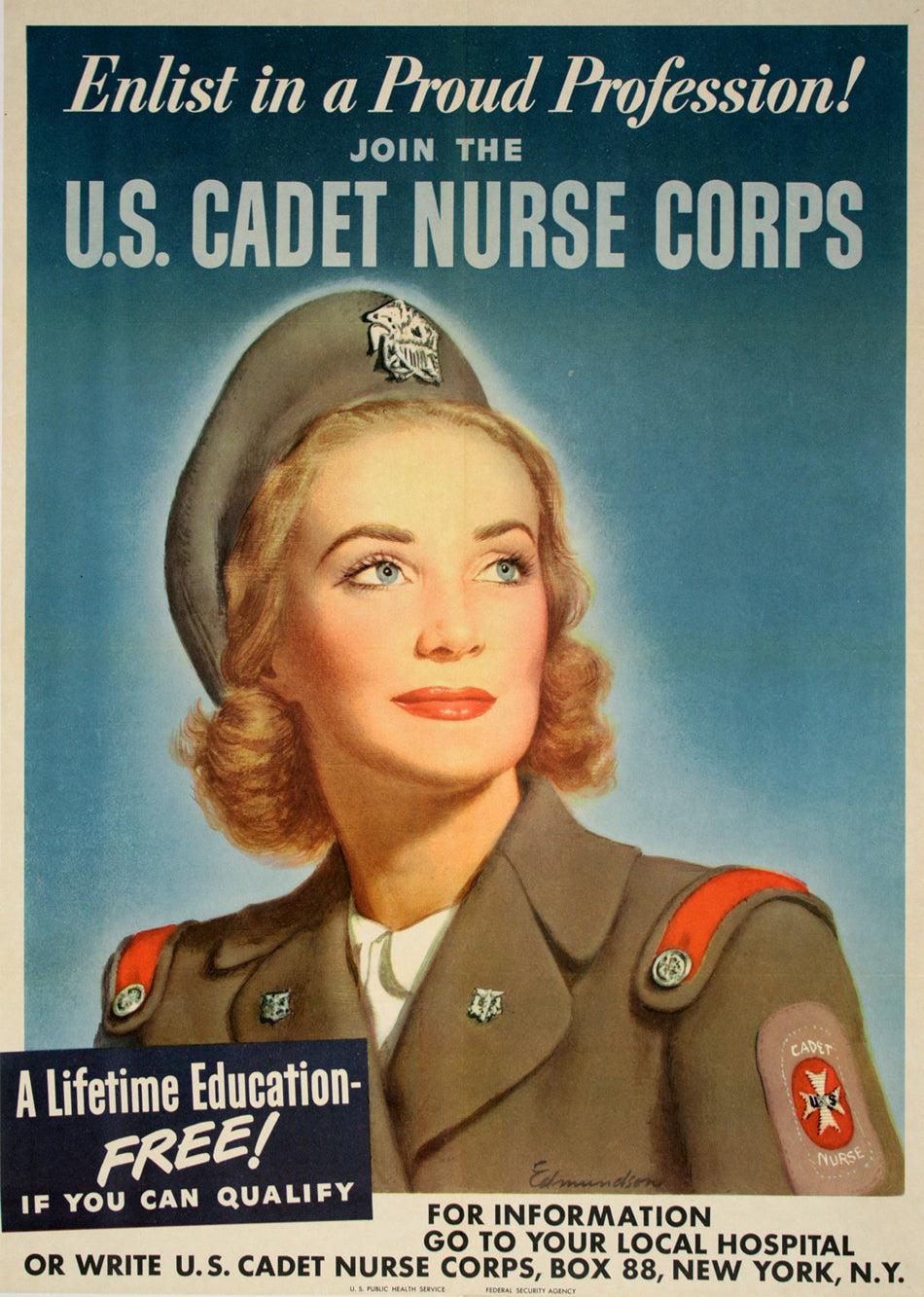 Original Vintage WWII Nurse Poster Enlist in a Proud Profession Cadet Nurse Corps Large