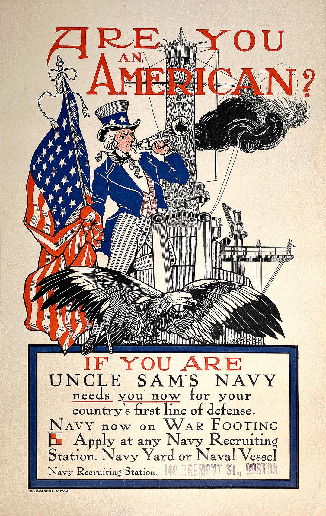 Original Vintage WWI Poster Uncle Sam's Navy Are You An American 1917