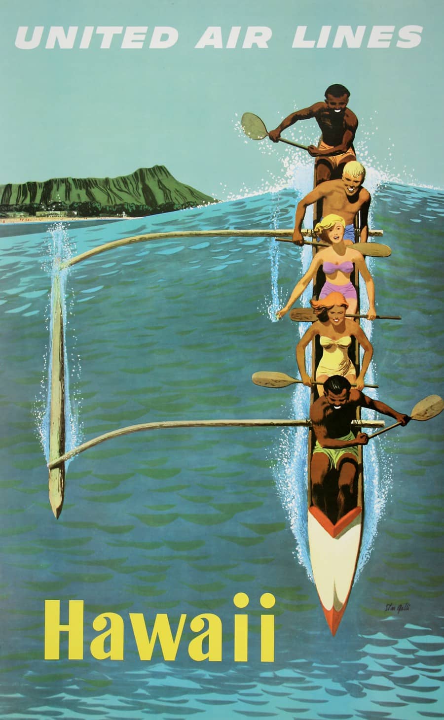 Original Vintage Stan Galli Poster United Air Line Hawaii Canoe c1960