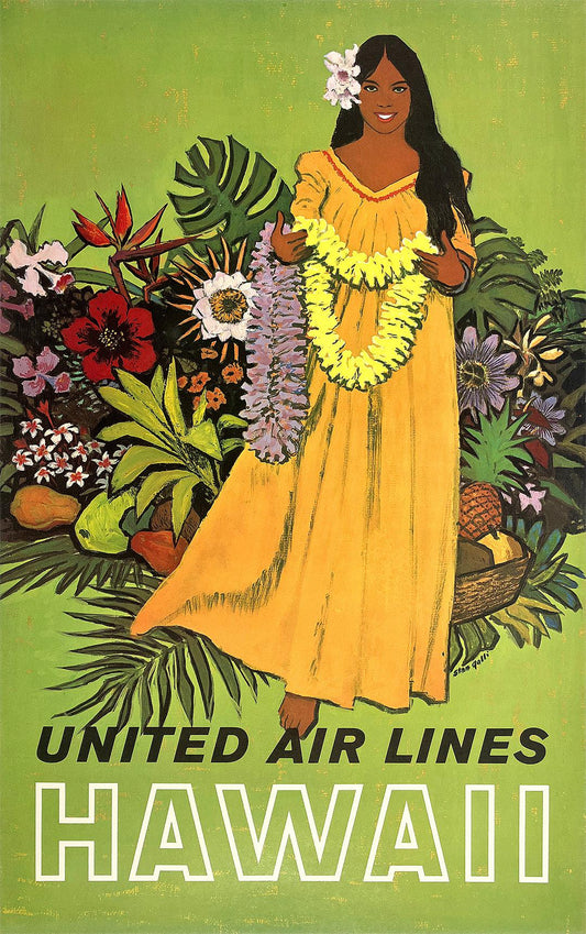 Original Vintage United Air Lines Hawaii Woman with Lei Poster by Stan Galli