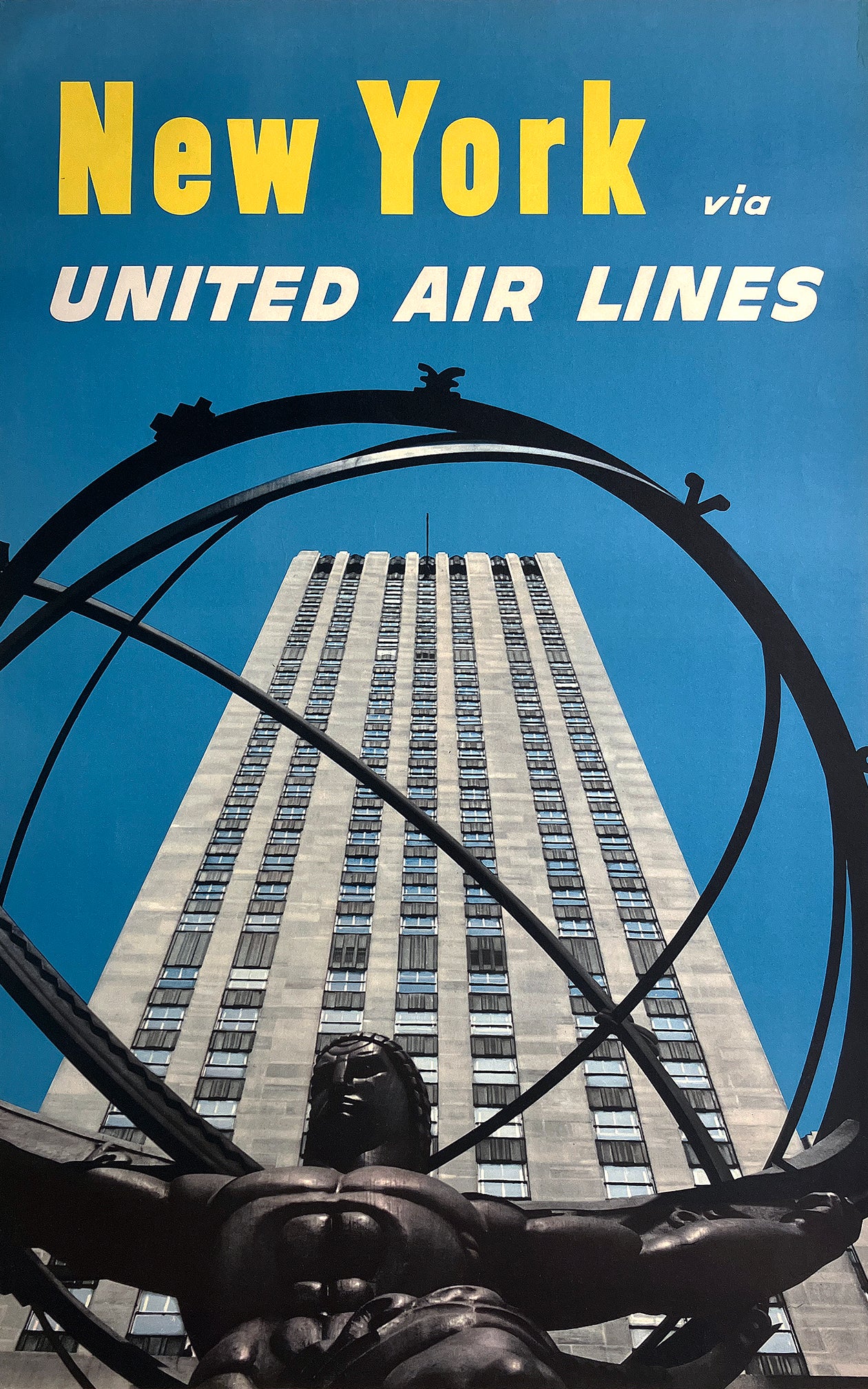 Original Vintage United Air Lines New York Poster C1965 - Atlas Statue in Rockefeller Center