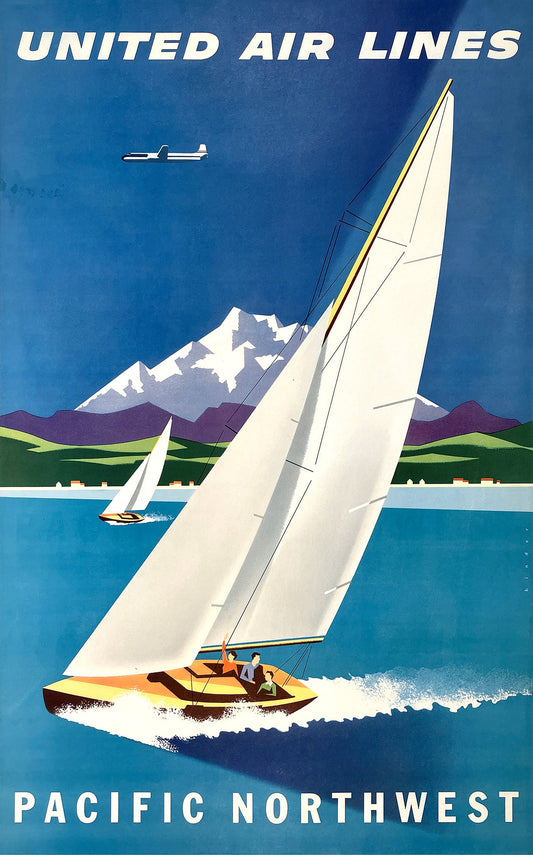 Original Vintage United Airlines Pacific Northwest Sailboat Poster by Joseph Binder c1950