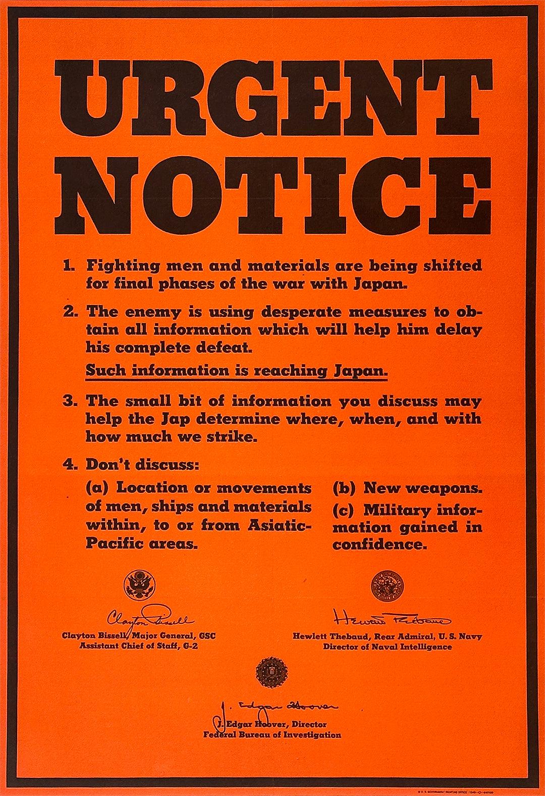 Original Vintage WWII Poster Urgent Notice 1945