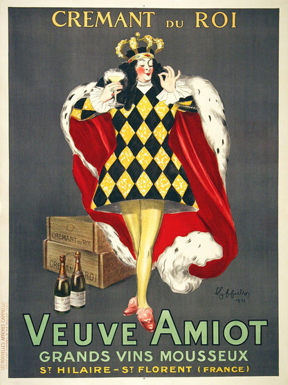 Original Cappiello Vintage Veuve Amiot Champagne King Poster 1922