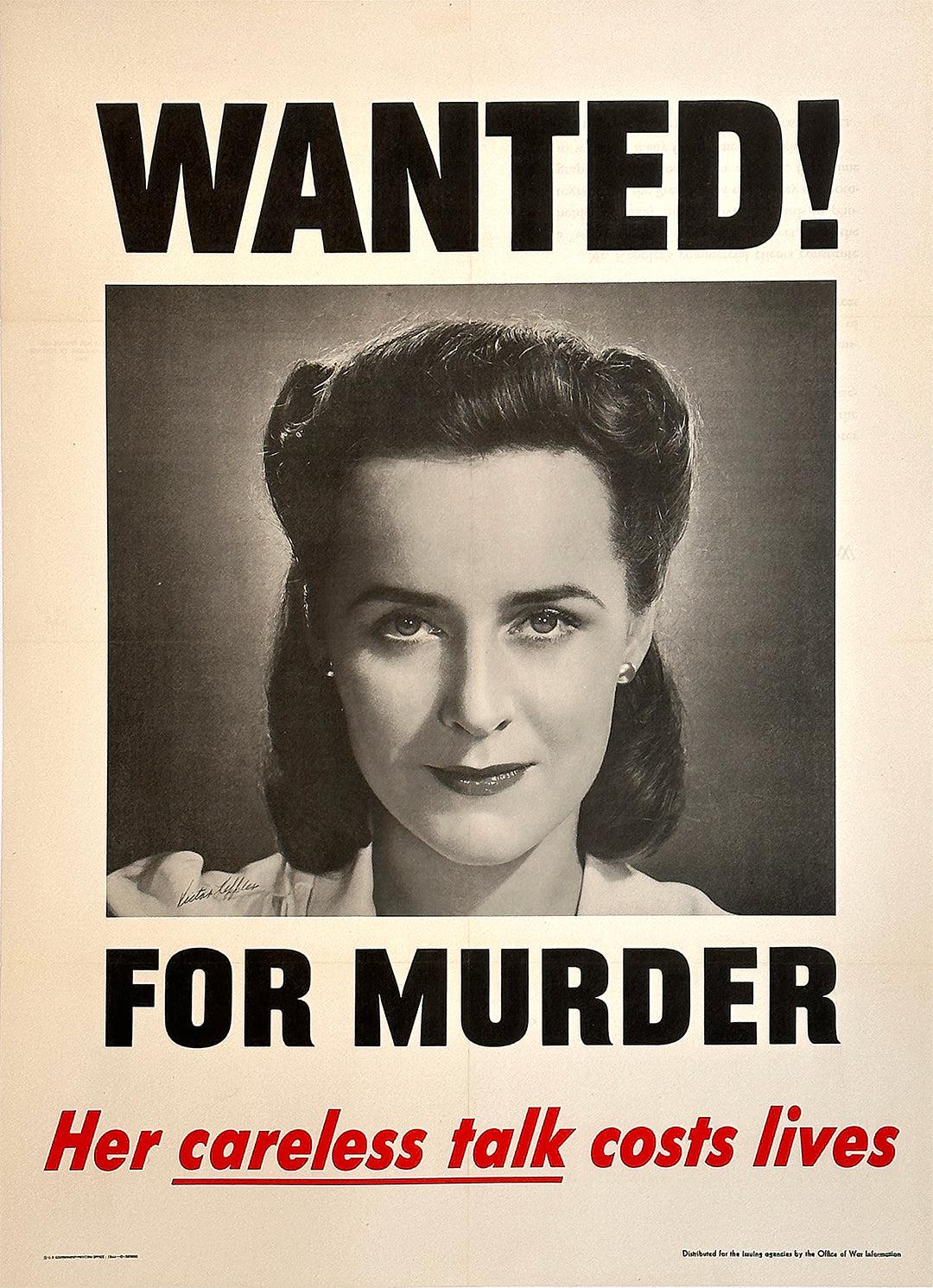 Original Vintage WWII Poster Wanted for Murder by Victor Keppler Careless Talk