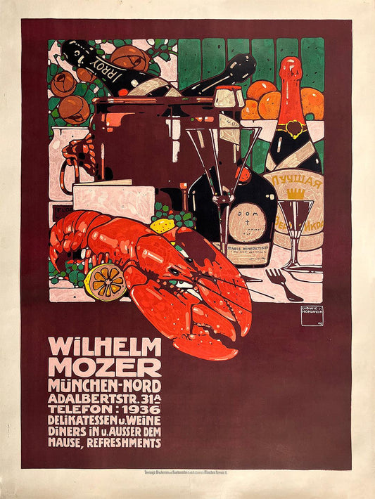 Original Vintage Wilhelm Mozer German Restaurant Poster by Ludwig Hohlwein 1909 Munich