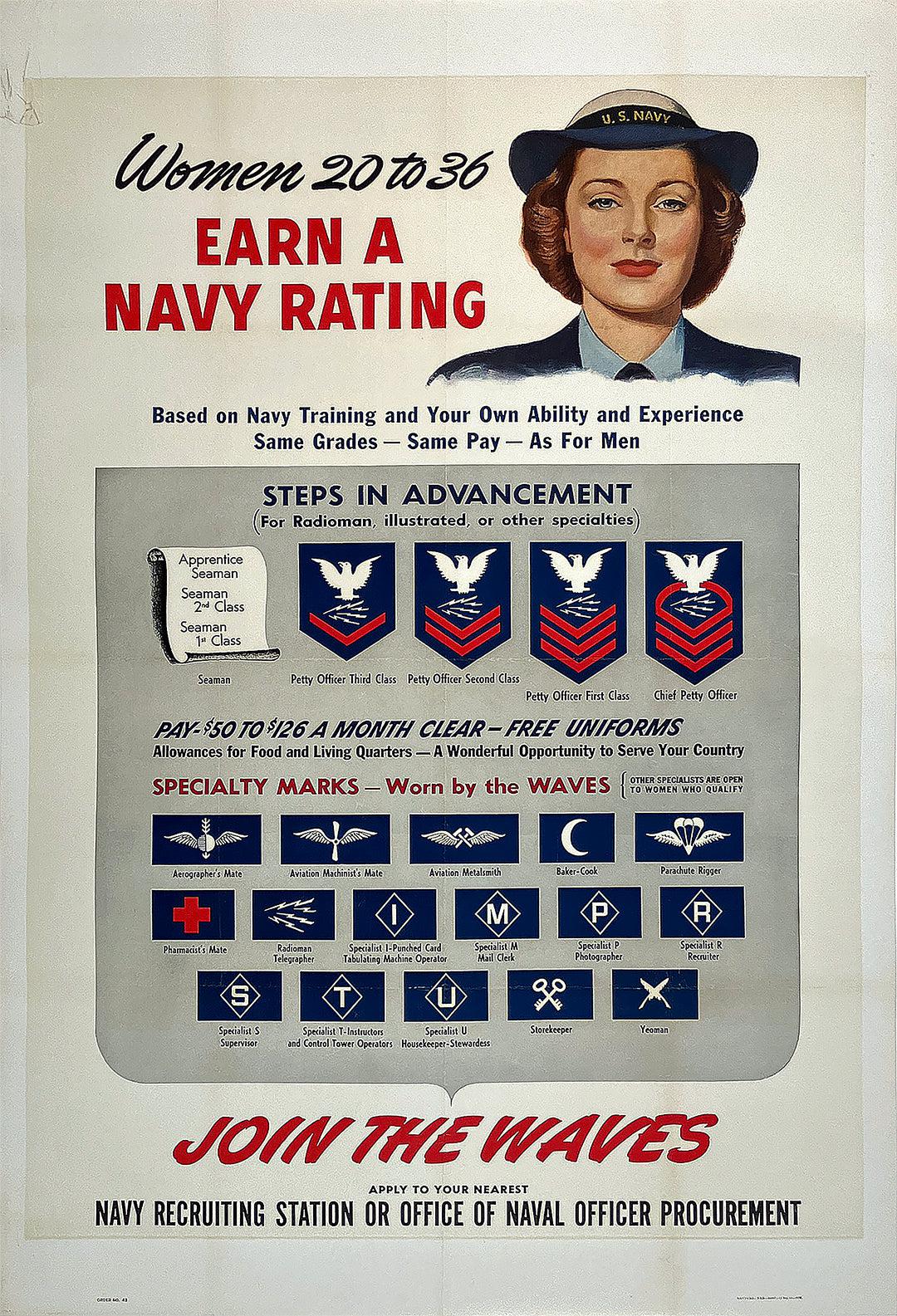 Original Vintage WWII Join the Waves Poster 1943 Women 20 - 36